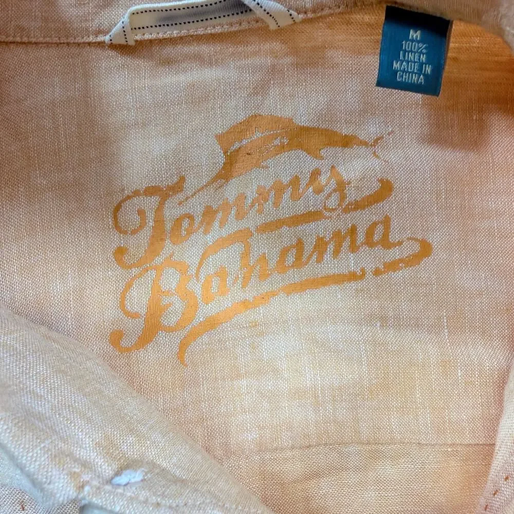 Tommy Bahama Mens Medium 100% Linen Camp Shirt Peach Embroidered Short Sleeve